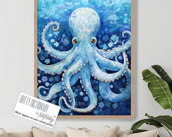 Impresión de pulpo azul, póster artístico de pulpo, decoración del hogar con pulpo, impresiones en lienzo náutico, pintura de animales del océano, decoración de baño náutico