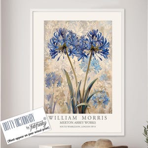 William Morris Style Floral print, Blue Agapanthus Flower poster, Large vintage wall art, nature Illustration, Art Nouveau Home Deco