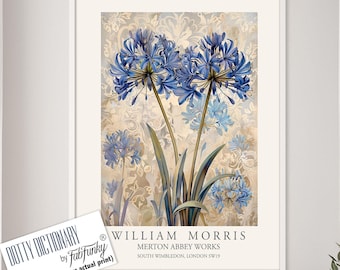 William Morris Style Agapanthus Flower Print, Vintage Floral Wall Art