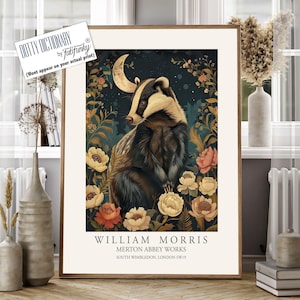 William Morris style print, William Morris poster, Badger Illustration, Vintage style Botanical poster, Woodland William Morris wall art