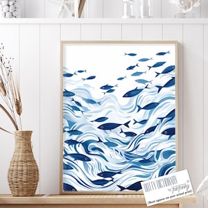 Stampa artistica moderna astratta costiera, dipinti di pesci blu e bianchi, stampe artistiche della vita marina, arte della vita oceanica, casa in stile nautico, arte della pesca