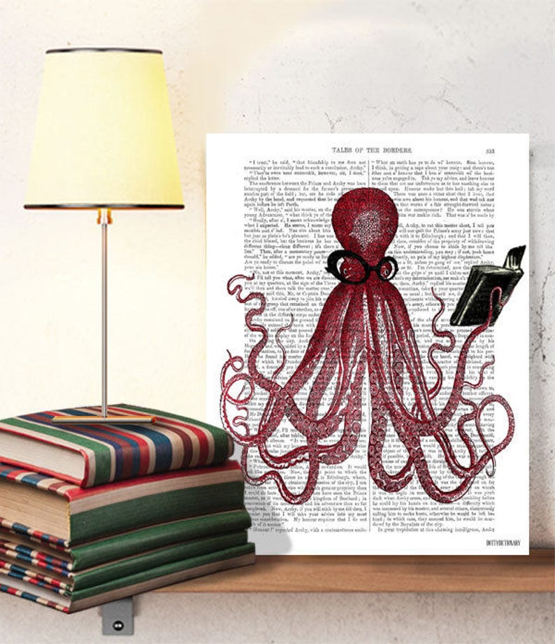 Geekery - The Intelligent Octopus Print Dorm room decor Octopus decor Nautical decor Nerd room decor Geek book art Funny gift dad Dorm decor 