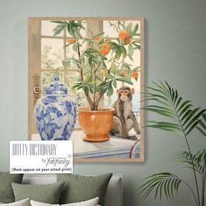 Blue and White Chinoiserie Decor, Cute Monkey Art Print, , Preppy hampton style conservatory calming bedroom living room art