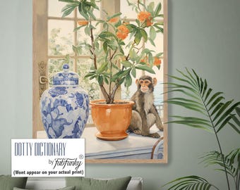 Blaues und weißes Chinoiserie-Dekor, niedlicher Affe-Kunstdruck,, Preppy Hampton Art Wintergarten beruhigende Schlafzimmerwohnzimmerkunst