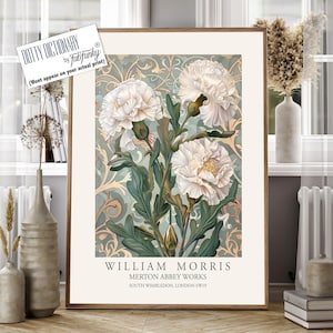 William Morris Style Floral print, White Carnation Flower poster, Large vintage wall art, nature Illustration, Botanical home decor