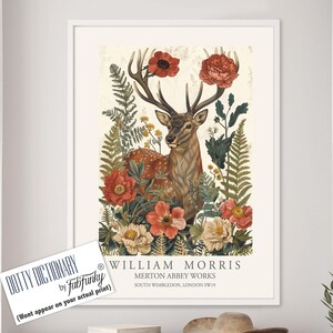 William Morris style Deer print, William Morris Stag poster, Woodland Illustration, Vintage style Botanical, large wall art forest animal