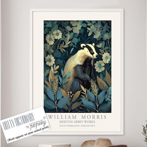 William Morris style print, William Morris poster, Badger Illustration, Vintage style Botanical poster, Woodland William Morris wall art