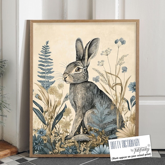 Hare Print, William Morris Style Floral Art, Vintage Rabbit