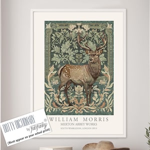William Morris style print, William Morris poster, Deer Illustration, Vintage style Botanical, Woodland stag, large wall art animal