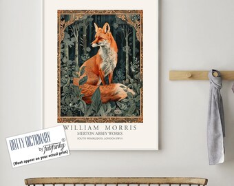Afdruk in William Morris-stijl, William Morris-poster, Fox Illustration, Botanische poster in vintage-stijl, Woodland William Morris-muurkunst dier