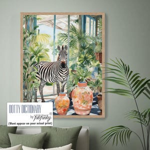 Zebra and Chinoiserie Ginger Jar Art Print, Tropical watercolour preppy hampton style wall art, Whimsical Grandmillenial Art Print