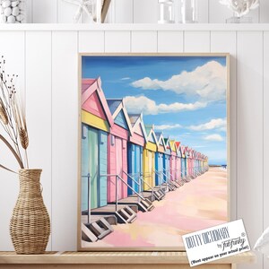 Colourful Beach Huts, Watercolor Beach Painting, Coastal Art Framed, Coastal Home decor, Beach Landscape, Coastal Wall Art