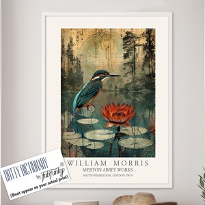 William Morris style bird print, Kingfisher Illustration, William Morris poster, Large Vintage style wall art, Wildlife nature lover decor