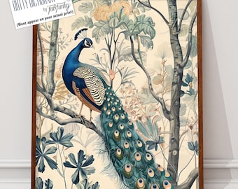 William Morris Style Peacock Art Print, Vintage Floral Illustration