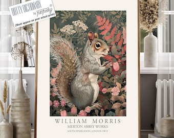 William Morris style print, William Morris poster, Cute grey Squirrel Illustration, Vintage style Botanical wall art Woodland Animal artwork