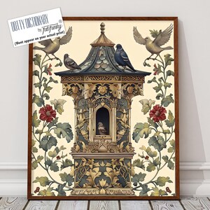 Dovecot Illustration, William Morris style bird print, Art Nouveau Birdhouse poster, Large Vintage style wall art, Wildlife nature lover