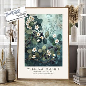 William Morris Style Floral print, Blackberry Bush poster, Large vintage wall art, nature Illustration, Botanical home decor
