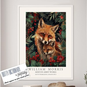 William Morris style print, William Morris poster, Fox Illustration, Vintage style Botanical poster, Woodland animal wall art Fox cub family