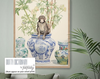 Blaues und weißes Chinoiserie-Dekor, niedlicher Affe-Kunstdruck,, Preppy Hampton Art Wintergarten beruhigende Schlafzimmerwohnzimmerkunst