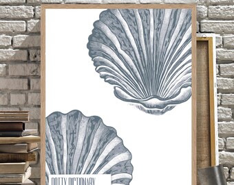 Indigo Scallop Seashell Print, Coastal Minimalist Wall Art
