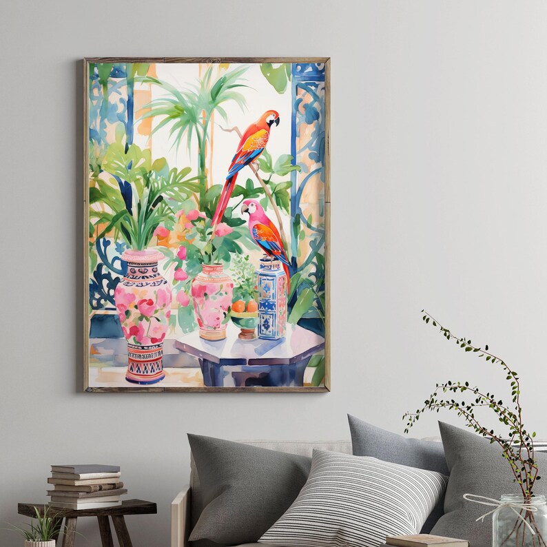 Bunter Papageien-Dschungel Kunstdruck,, schickes Chinoiserie-Dekor für Wohnzimmer, modernes tropisches Tierplakat-Safari-Themakunst Bild 3