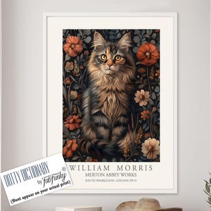 William Morris-stijl lang haar schildpadkat print, William Morris-poster, grillige schildpadkattenkunst, vintage donkere bloemen kunst aan de muur