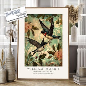 William Morris style bird print, Barn Swallow Illustration, William Morris poster, Large Vintage style wall art, Wildlife nature lover decor