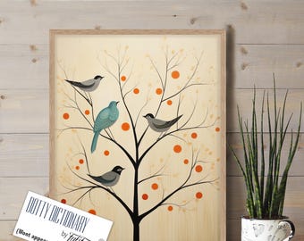 Folk Art Vogel Druck, Bunte Retro Skandi Stil