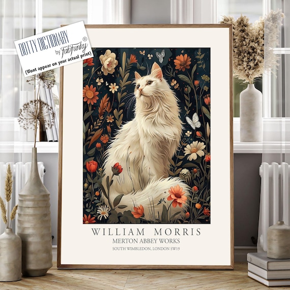 William Morris Style Long Hair White Cat Print, William Morris