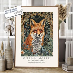 Illustrazione di volpe, poster stampato in stile William Morris, poster botanico in stile vintage, animale da parete di William Morris nei boschi
