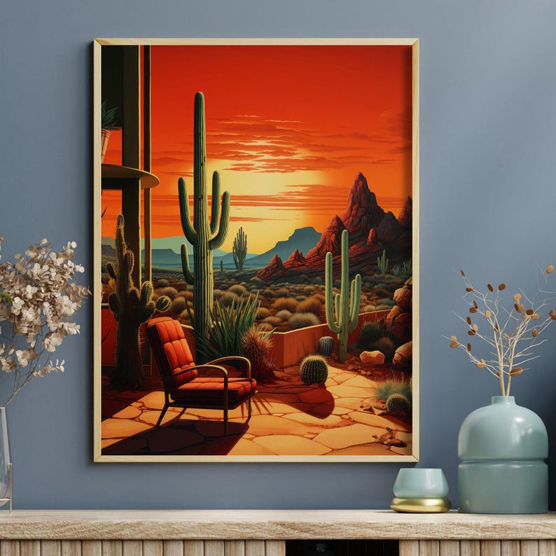 Mid Century Modern Desert Sunset Art Print, Southwestern Decor image 3
