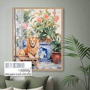 Lion Art Print, , Preppy style Chic Chinoiserie Decor, hamptons style Boho Animal Living Room colourful Summer Wall art