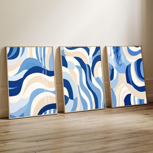 Modern Abstract Coastal Bold Wave Prints, Set of 3 Blue White Coastal artworks, Coastal Art Framed, Seaside Canvas, Nautical Wall Art