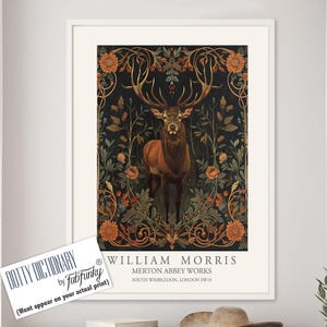 William Morris style Deer print, William Morris Stag poster, Woodland Illustration, Vintage style Botanical, large wall art forest animal