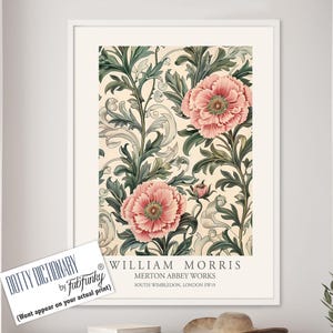 William Morris Style Floral print, Pink Carnation Flower poster, Large vintage wall art, nature Illustration, Botanical home decor