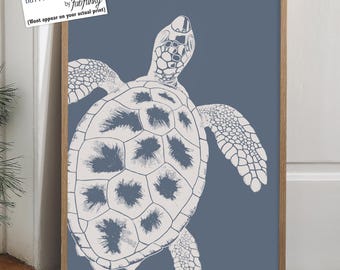 Sea Turtle Art Print, Indigo Blue, Coastal Home Decor