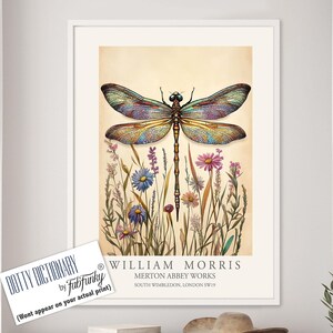 Dragonfly Print, William Morris style Illustration, William Morris Floral poster, Vintage style Botanical, dragonflies insect wall art gifts