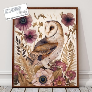 Owl Art Print, William Morris style garden bird print, Large Romantic Vintage style wall art, Wildlife nature lover, large pink floral decor