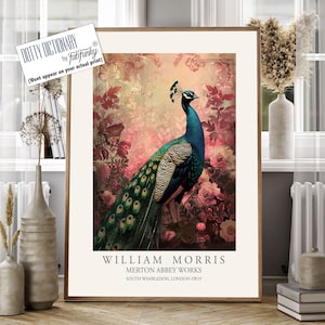 William Morris style bird print, William Morris Peacock poster, Large Vintage wall art, Wildlife nature lover Illustration, floral art