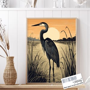 Modern Heron Print, Great Blue Heron Art Print, Blue Heron Watercolour Painting, Coastal Bird, Heron Wall art, Wading Bird Sunset Black Gold
