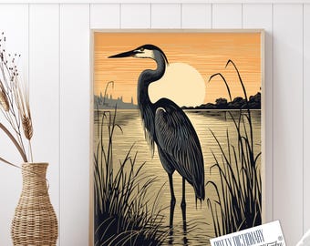 Modern Heron Print, Great Blue Heron Art Print, Blue Heron Watercolour Painting, Coastal Bird, Heron Wall art, Wading Bird Sunset Black Gold