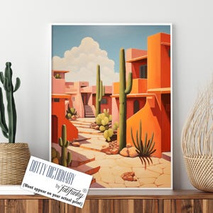 Stampa in stile Mid-Century Modern del Sud-Ovest americano, arte del deserto di Santa Fe