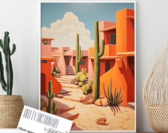 Mid Century Modern Southwestern Print, Santa Fe Adobe Desert Art