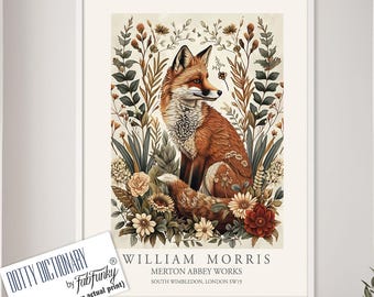 Afdruk in William Morris-stijl, William Morris-poster, Fox Illustration, Botanische poster in vintage-stijl, Woodland William Morris-muurkunst dier