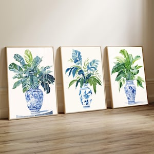 Set of 3 Chinoiserie Vase Prints, Blue and White wall art, Beach House Decor, Coastal Living Room, hamptons decor, tropical houseplants