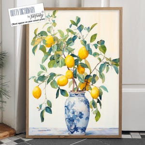 Lemon Tree Art Print Chinoiserie style decor, blue and lemon wall art hampton style decor coastal style, lemon plant painting, kitchen print