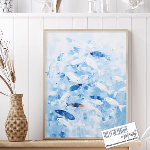 Modern Abstract Coastal Wall Art Print, Blue and White Fish Paintings, Sea Life Art Prints, Ocean life art, nautical style home, fishing art