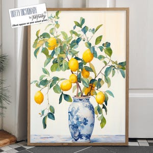 Lemon Tree Art Print Chinoiserie style decor, blue and lemon wall art hampton style decor coastal style, lemon plant painting, kitchen print