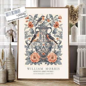 William Morris Art Chinoiserie Vase Druck, Vogel-Illustration, blaues und weißes William Morris Plakat, große Wandkunst im Vintage-Stil