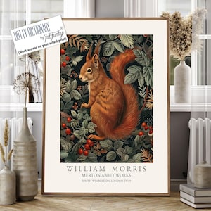 William Morris style print, William Morris poster, Cute Red Squirrel Illustration, Vintage style Botanical wall art, Woodland William Morris